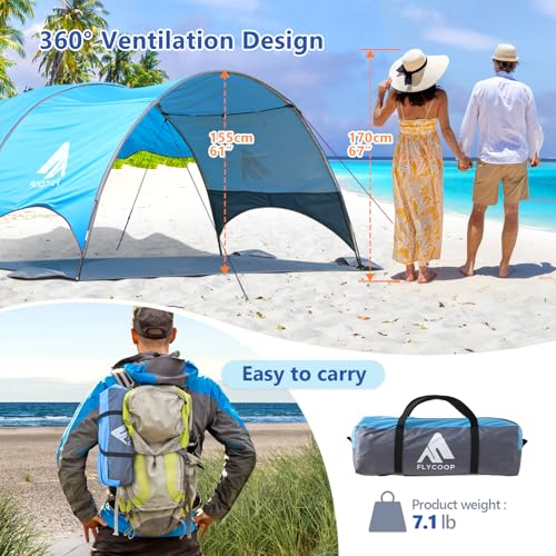 Flycoop Beach Umbrella with UPF 50+ UV Protection, Compact and Portable with 360° Ventilation, Windproof Ropes and Stakes for Family, Travel, Backyard, Park Shade