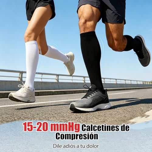 LONGLIV 4/6 Pares Calcetines de Compresión para Hombres y Mujeres, 15-20 mmHg, Calcetines de Compresión Deportiva para Varices, Embarazo, Viajar, Correr, Fitness, Enfermeras, Edema