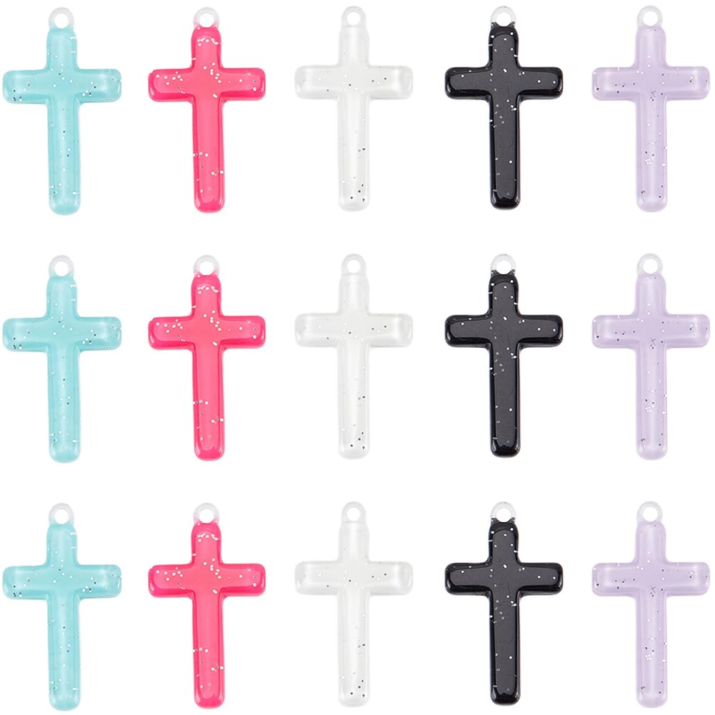 SUNNYCLUE 1 Box 30Pcs Cross Charms Bulk Acrylic Cross Charm Halloween Mixed Colors Western Crosses Rosary Cross Charms for jewellery Making Charms Supplies DIY Crafting Necklace Bracelets Beginners