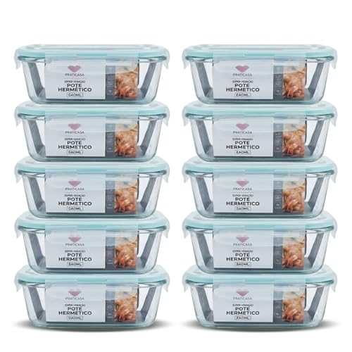 Pote de Vidro Hermético 640ml Retangular Kit 10 Unidades Marmita