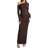 XinFSh Women's Long Sleeve Bodycon Maxi Dress One Shoulder Ruched Fall Formal Wedding Guest Cocktail Dress 2025