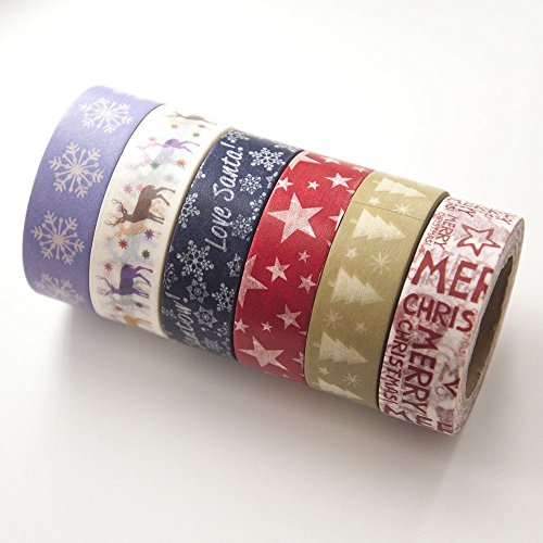 6 Rolls Christmas Washi Tape Set Total 197 Feet HolidayTape for Christmas Wall Tree DIY, Scrapbooking, Craft Projects and Gift Wrapping