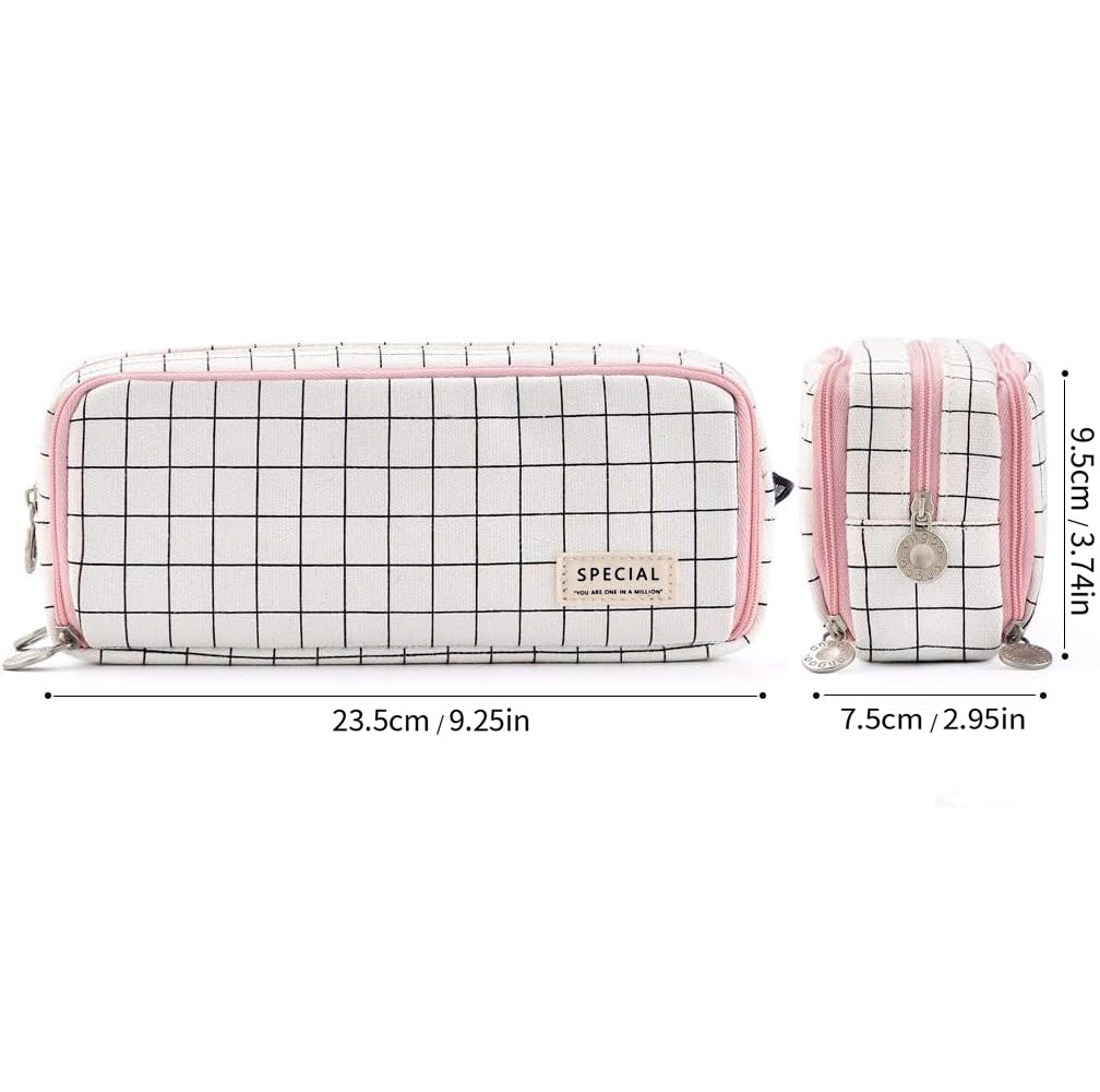 ANGOOBABY Large Pencil Case Big Capacity 3 Compartments Canvas Pencil Pouch for Teen Boys Girls School Students (Pink Strip Black Grid)