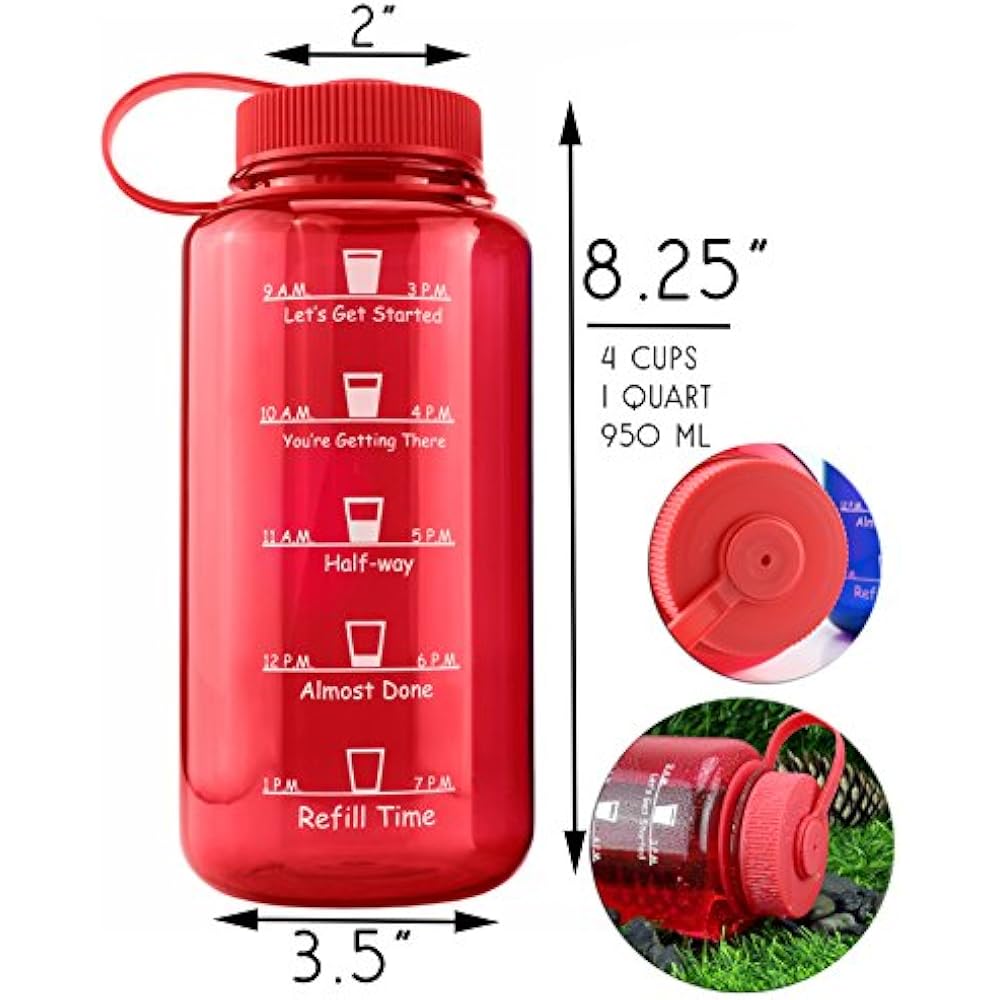 Timed Water Bottles 32Ounce Combo Pack (2Pack, Blue/Red) Marker