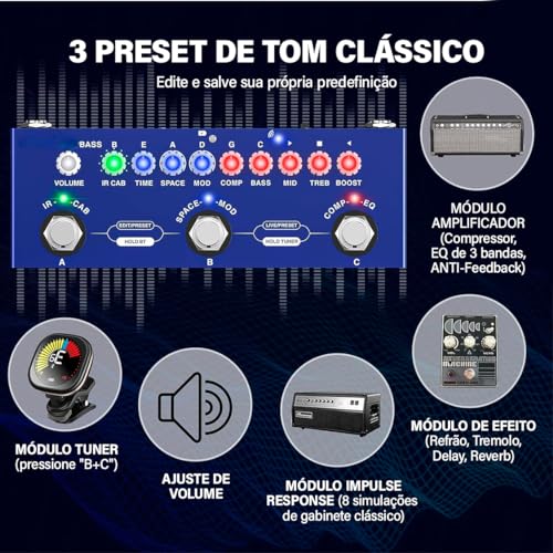 Cuvave cube baby Baixo/bass pedaleira, 26 portas, 7 sintonizadores modulares ajuste de excitação/equalização/efeito de compressão/efeito periférico/efeito espacial/IR/TUNER, Gravável e recarregável
