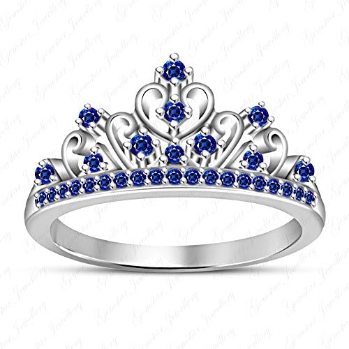 Gemstar Jewellery 925 Silver 14k White Gold Plated Round Blue Sapphire Wedding Princess Crown Ring
