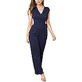 HugeNice Women's Casual Jumpsuits Sexy Wrap V Neck Belted Loose Wide Leg Long Pants Clubwear Romper