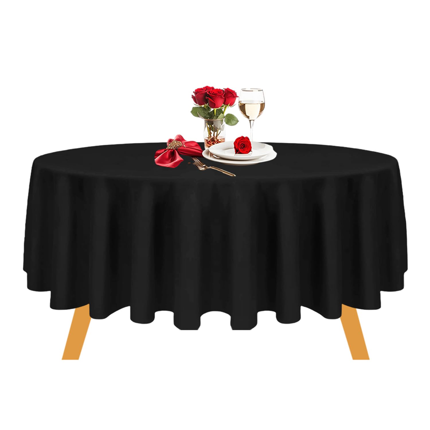 Trimming Shop Black Round Polyester Tablecloth, 70" Premium Linen Table Cover, Washable Fabric Table Cloth for Weddings, Banquets, Parties, Dining Table, 1pc