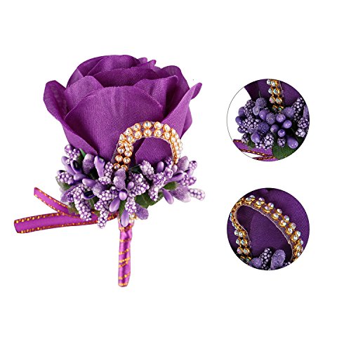 YSUCAU Rose Boutonniere Handmade Corsage Classic Artificial Groom Flowers Brooch with Pin for Wedding Prom Party (Dark Purple) - Thumbnail 2