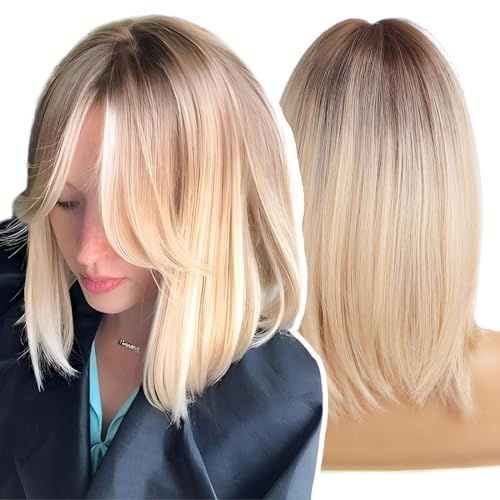 WOKESTAR Short Blonde with Dark Roots Color Wigs for Women, Bob Style Synthetic Heat Resistant Bob Wigs — image 1