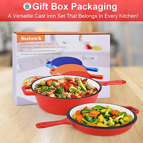 Enameled 2-In-1 Cast Iron Multi-Cooker - Heavy Duty 3.2 Quart Skillet and Lid Set, Cast Iron Saucepan and Shallow Skillet Lid Set Sauce Pot & Nonstick Frying Pan (Red)