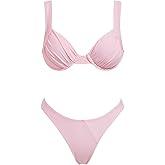 VOLAFA Women's Triangle Bikini Set Pleated Push Up Underwire Solid Cheeky Two Piece Swimsuit Bathing Suit
