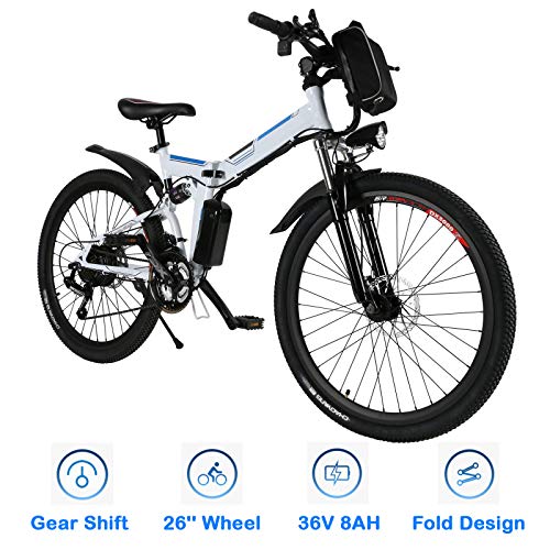 Bestlucky 26” Electric Bike with Removable 36V 8Ah Lithium-Ion Battery, Electric Mountain Bike for Adult (US Stock) (26″-Foldable-White)