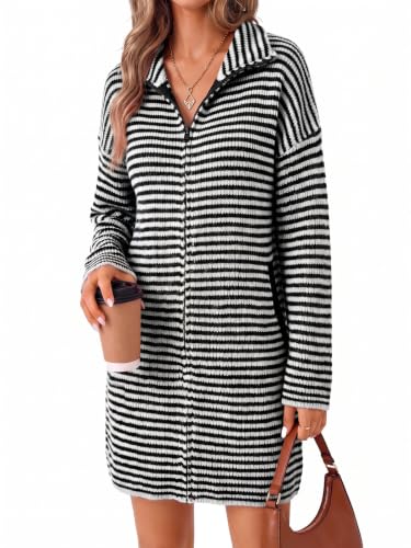 Wenrine Women Striped Sweater Dress Fall Zip Up Long Knit Cardigan Sweaters at Amazon
