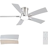 46 Inch Ceiling Fans with Lights and Remote, Nickel Low Profile Ceiling Fan, Flush Mount Style with 5 Blades, For Indoor Bedroom Living Room/Outdoor, 6 Speed Reversible DC Motor, 3CCT Dimmable LED