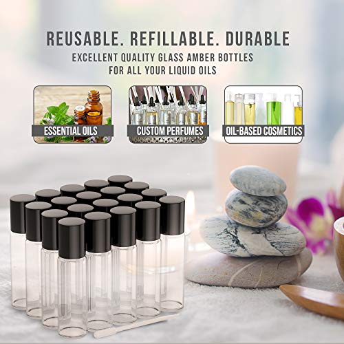 20 Pack - Essential Oil Roller Bottles [Metal Chrome Roller Ball] FREE Plastic Pippette, Funnel and Bottle Opener Refillable Glass Color Roll On for Fragrance Essential Oil - 10 ml 1/3 oz (Clear Color - Thumbnail 2