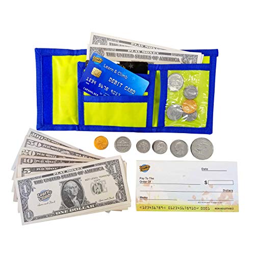 Learn & Climb Play Money Wallet Set for Kids - Bills, Coins, Wallet & Pretend Play Credit Card