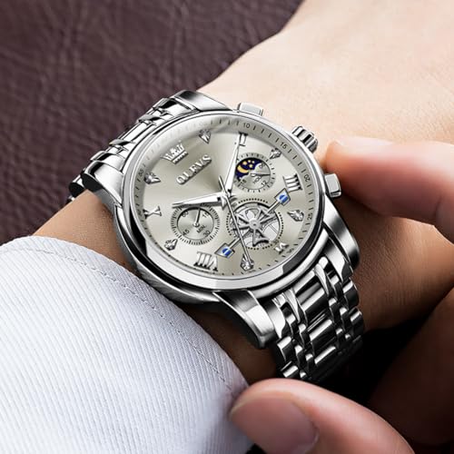 OLEVS Men Silver Watches,Men's Stainless Steel Chronograph Watch,Man Analog Quartz Big Face Male Watches Luxury Waterproof Roman Numeral Dress Diamond Relojes para Hombre