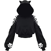Womens Cat Ear Hoodie Sweatshirt Long Sleeve Sweater Off Shoulder Cat Cute Crop Top Hoodies Pullover