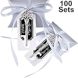 Jovitec 100 Sets Vintage Key Bottle Openers Wedding Favor Souvenir Gift Set Pillow Shape Candy Gift Box Escort Thanks Tag French Ribbon (Silver)