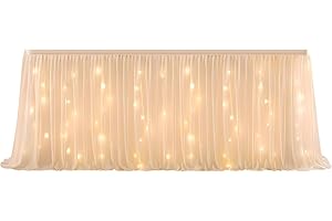 Calolin 6 FT Table Skirt with Lights, Pearl Chiffon LED Lighted Table Skirting, 72 x 30.7 in Ruffle Tutu Table Skirt for Cele
