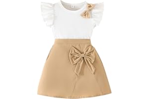 Two-Piece Flutter Sleeve Top and Bow Skirt Set, soft and Breathable, Elegant Outfit for Girls Summer Wear