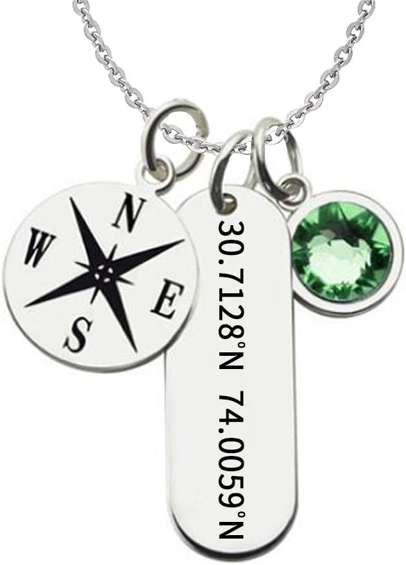925 Sterling Silver Personalized Birthstone Bar Coordinate Necklace with Compass Disc Pendant