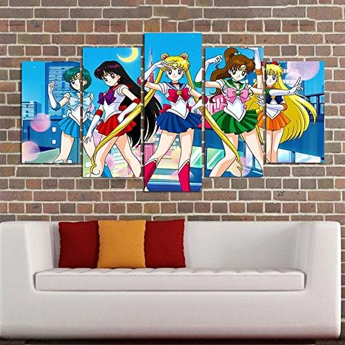 FJLOVE Sailor Moon Crystal Wall Art Print On Canvas Poster 5 Pieces Artwork Painting Home Decoration,B,100x55cm [Energy Class A]