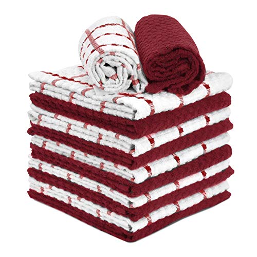 Talvania Kitchen Towels 100% Cotton Dobby Weave Terry Towel Set, 12 Pack Soft and Absorbent Multipurpose Dish Cloth, Hand Towel and All Kitchen Cleaning 15" X 25" Machine Washable (Red Pear & White)