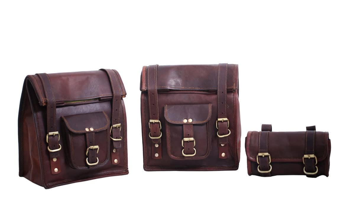 american blue 3X Leather Motorcycle Saddle Bag, Vintage Saddle panniers,Set of 3 Leather Bike Bag, for Bike Lovers (Brown)