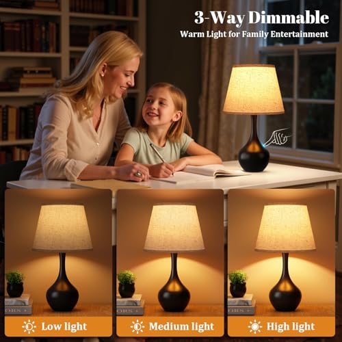 Touch Bedside Lamp for Bedroom, 3-Way Dimmable Farmhouse Table Light with Fabric Shade, Nightstand Light for Kids Room Reading, Home Office