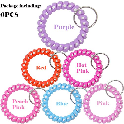QY 6PCS White Dot Colorful Plastic Spiral Coil Wrist Band Key Ring Chain