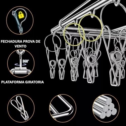 Varal Multiuso Inox 40 Prendedores para Roupas Íntimas e Acessórios – Estrutura Dobrável de Alta Durabilidade Antiferrugem