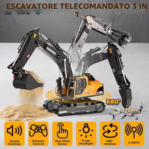 Escavatore Radiocomandato 3 in 1, 2.4GHz con Luci e Suoni - 680° Rotazione, Braccio Meccanico Funzionale e Cingoli Antiterreno - Giocattolo con 3 Accessori per Bambini 6-12 Anni