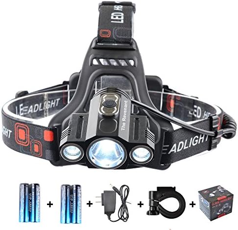 The Revenant Super Bright LED Headlamp Headlight 4 Modes 5000 Lumens Waterproof Lightweight, Rechargeable 18650 Batteries, Charger, Bicycle Holder, Black