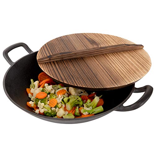 Pre-Seasoned Cast Iron Wok with 2 Handled and Wooden Lid (14 Inches) - Nonstick Iron Deep Frying Pan with Flat Base for Stir-Fry, Grilling, Frying, Steaming - Authentic Asian, Chinese Food By Homeries - Thumbnail 7