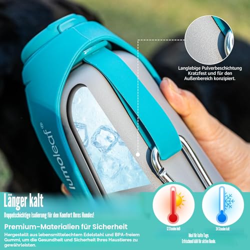 LumoLeaf Insulated Stainless Steel Water Bottle for Dogs 800ml - Keeps Water Cool or Warm for Hours Durable & Portable for Travel, Wide Mouth for Easy Filling & Cleaning (Bleu, 800ml)
