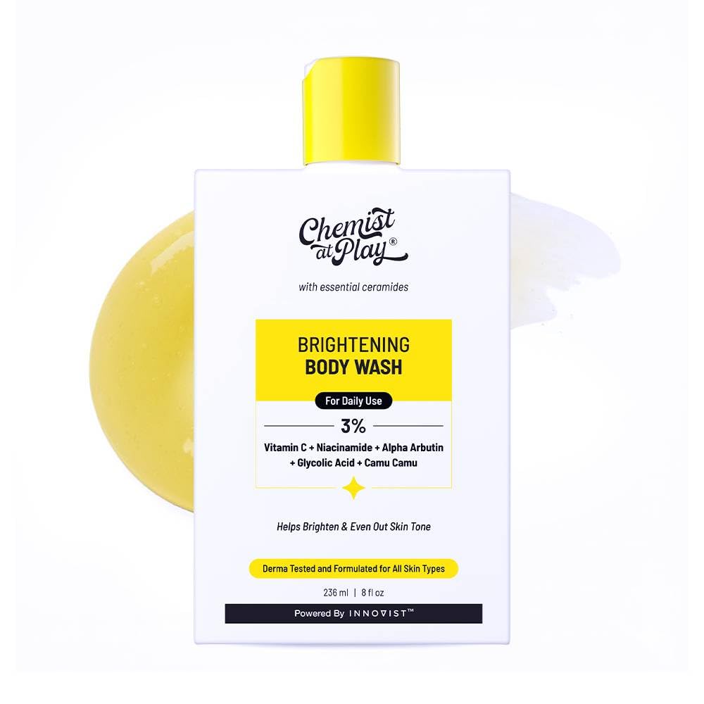 Chemist at Play Brightening Body Wash | Glowing Skin Vitamin C Bodywash | Helps to Reduce Fades Dark Spots, Evens out Skin Tone | Alpha Arbutin | 30X Vitamin C with Camu Camu | For Women & Men | 236ml