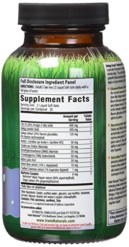 Irwin Naturals Ginkgo Smart Powerful Nootropic Brain Booster - Supports Maximum Memory, Focus & Mental Clarity with DMAE, Clubmoss, Choline & Acetyl L-Carnitine - 60 Liquid Softgels