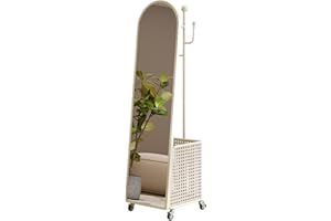 Full Length Mirror on Wheels, Mobile Iron Frame Cheval Bedroom Freestanding Floor Mirror with Storage Basket, 62.9" x 15.7" O