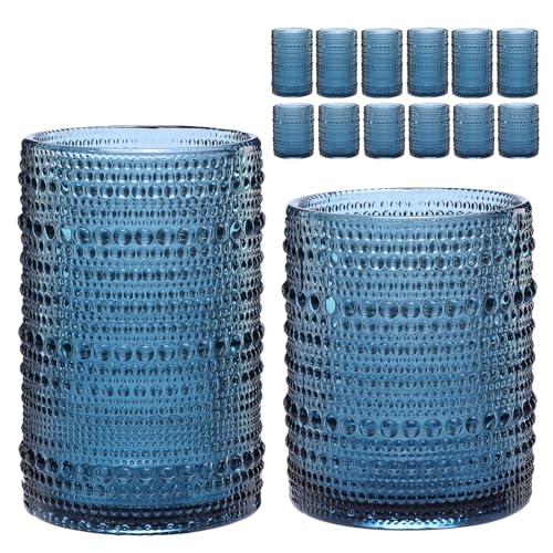 ZMOWIPDL Drinking Glasses Set of 12,Blue 12oz & 15oz Hobnail Glass Cups