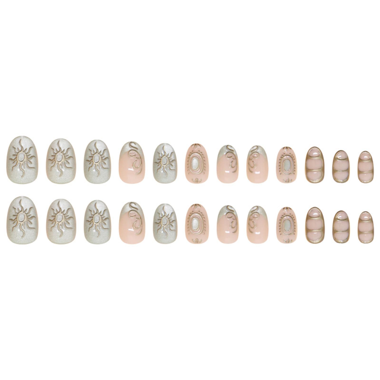 Bling French Tip Press on Nails Short Almond Fake Nails with 3D Gold Sun Design Green Glitter False Nails Glossy Full Cover Glue on Nails Goth Acrylic Artificial Stick on Nails for Women Girls 24Pcs - Image 5