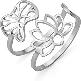 Amaxer Adjustable Opening Lotus Flower & Leaf Ring for Women Stainless Steel Floral Design Jewelry