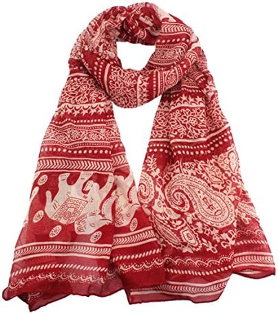 HN New Ladies Neck Stole Elephant Print Long Scarf (Red)