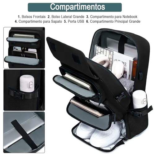 Mochila Reforçada com Compartimentos para Notebook e Tablet – Resistente à Água, USB, Engate de Mala – Masculina e Feminina para Viagem, Trabalho e Dia a Dia