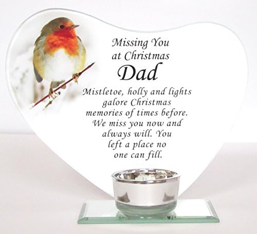 "Missing You at Christmas Dad" Glass Memorial Robin Heart Plaque with Tealight Holder