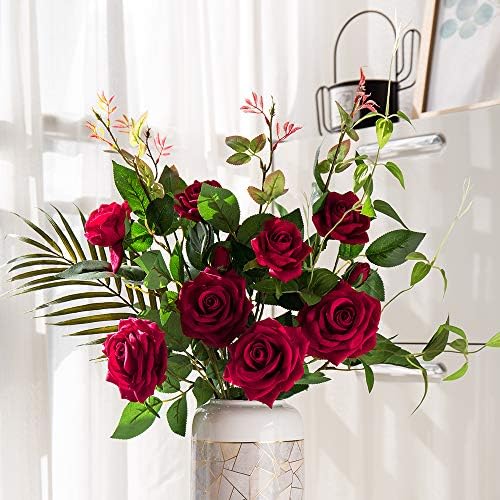 YUYAO Artificial Rose Flowers with Greenery Plant Fake Silk Flannelette Craft Rose Bouquets for Home Office Patio Table Decoration(Red)