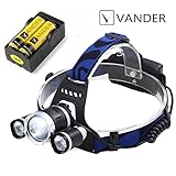 Vander Super Bright Headlight,5000lm 4 Mode Headlamp Flashlight Torch,3 CREE Chips XML T6 LED Helmet Light with 18650 Batteries and Wall Charger for Hiking Camping Riding Hunting Fishing