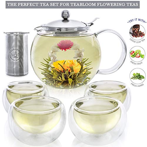Teabloom Classica Tea Set Stovetop Safe Glass Teapot (40 oz / 1200 ml) with Removable