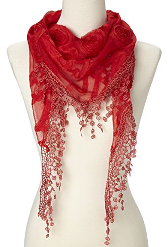 Cindy and Wendy Lightweight Triangle Floral Fashion Lace Fringe Scarf Wrap for Women (Red)